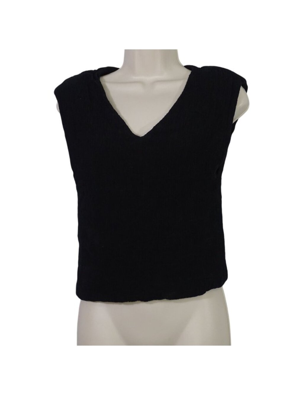 Lush Black Crinkle Sleeveless V-Neck Top Women Size S Casual Lined Elastic Hem